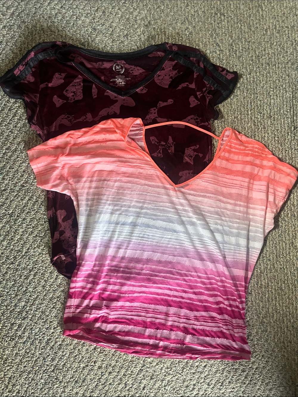 Maurices Pink to Coral Ombre V-Neck Short Sleeve Tee and burgundy camo tee
